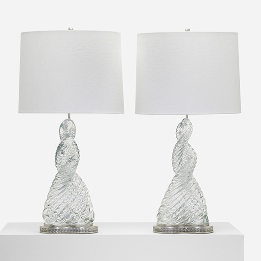 The Scarpa-Venini collaboration also produced glass designs for chandeliers and lamps. A pair of 1936 Diamonte table lamps, model 9034, realized $18,750 at auction in April 2013. Courtesy Wright Auctions.